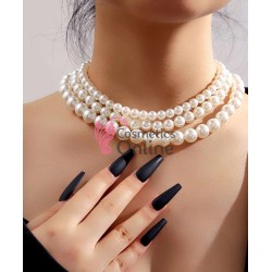 Colier  elegant AS16JJ Argintiu cu perle Alb-Crem din 3 siraguri